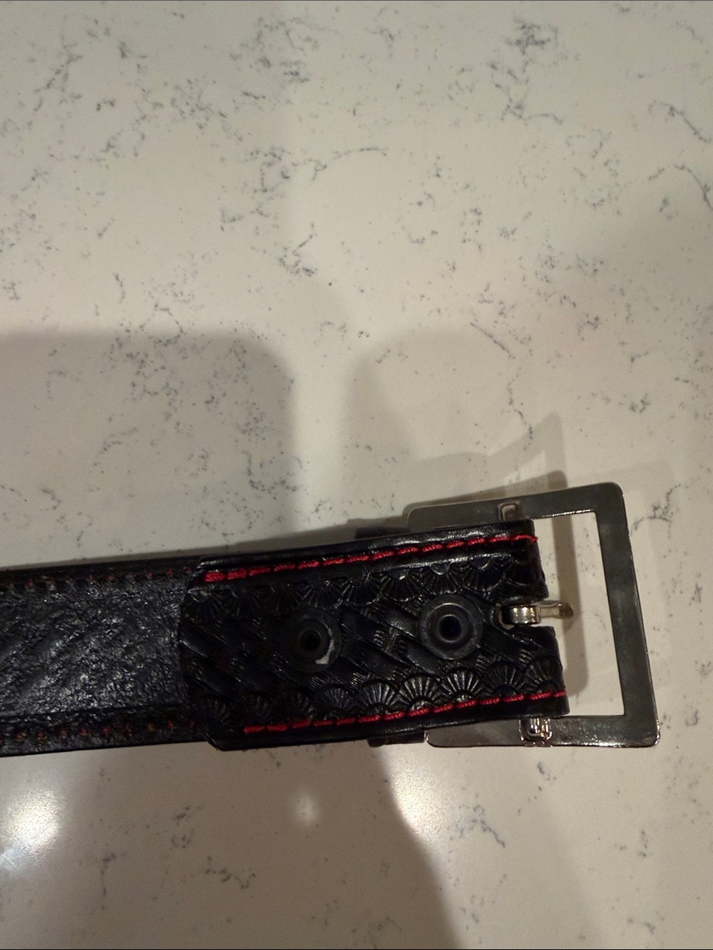 Local Artisan Made Hand Embossed Leather Biker Belt with Red Contrast Stitching - Picture 5 of 8